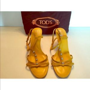 TOD'S yellow patent sandals + silver studs in 8.5